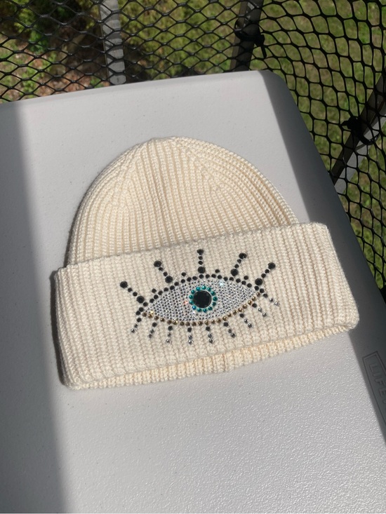 Kurt Geiger London Cream Wool Blend Knit Beanie Hat Rhinestone Evil Eye ? NWOT main image 5
